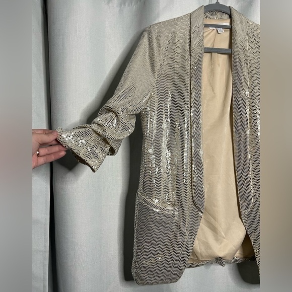 C by One Silver Sequined 3/4 Sleeve Long Line Blazer XS - Picture 5 of 10